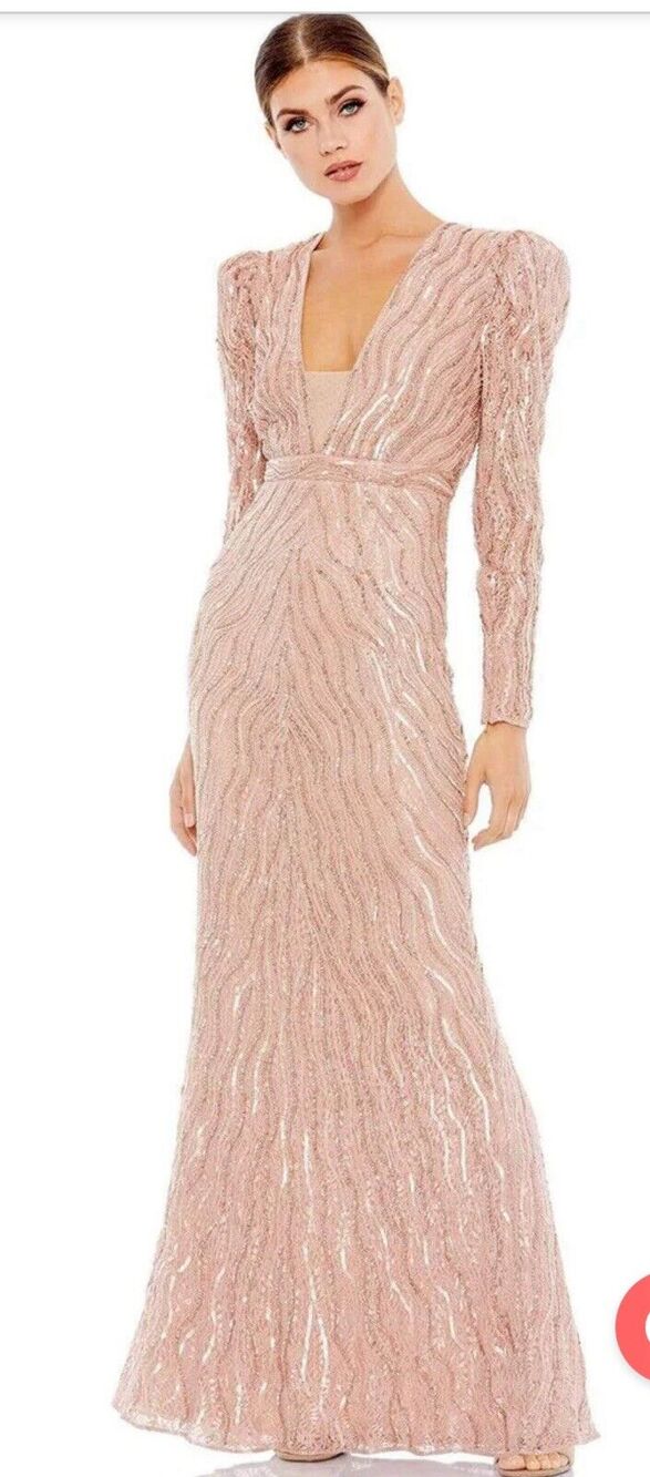 Mac Duggal Size 14 Gown Sequined Beaded Puff Sleeve Deep V Neck Blush Pink
